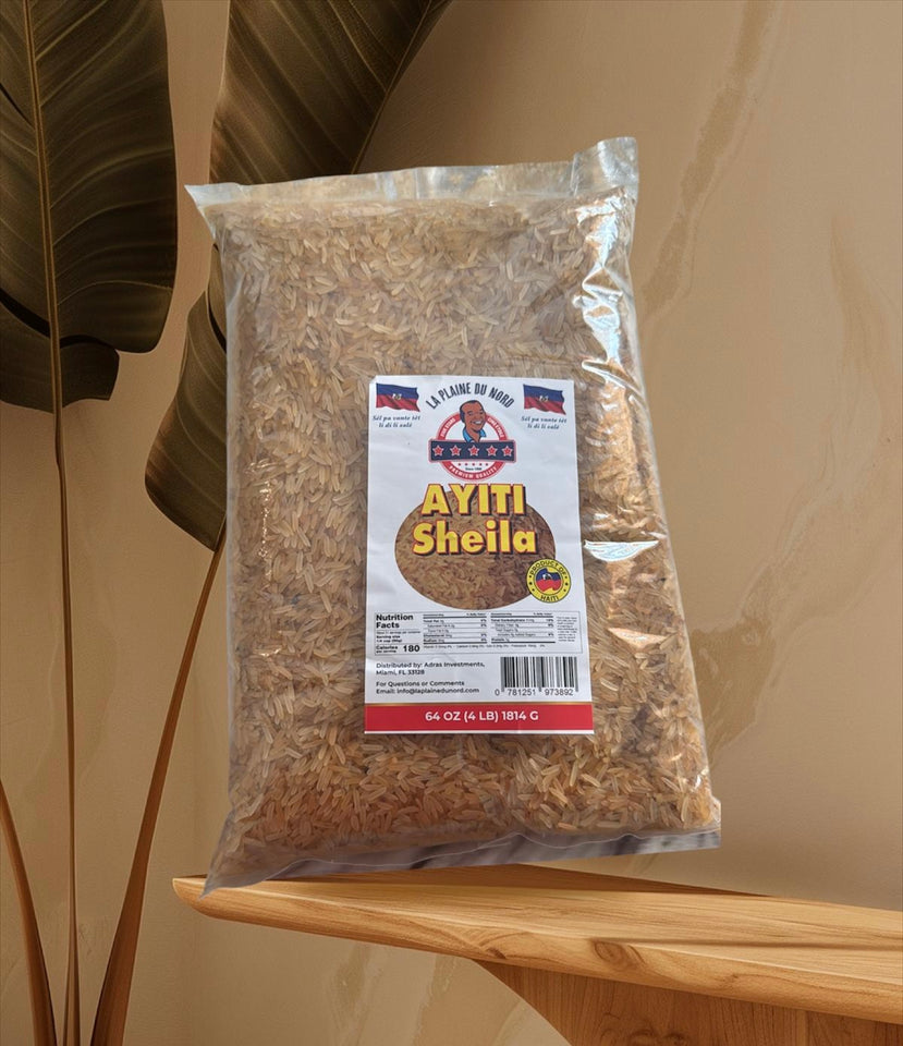 *Diri Ayiti Sheila* — yon diri natif natal *Ayisyen* ki soti *La Plaine du Nord*, e li make "Product of Haiti".