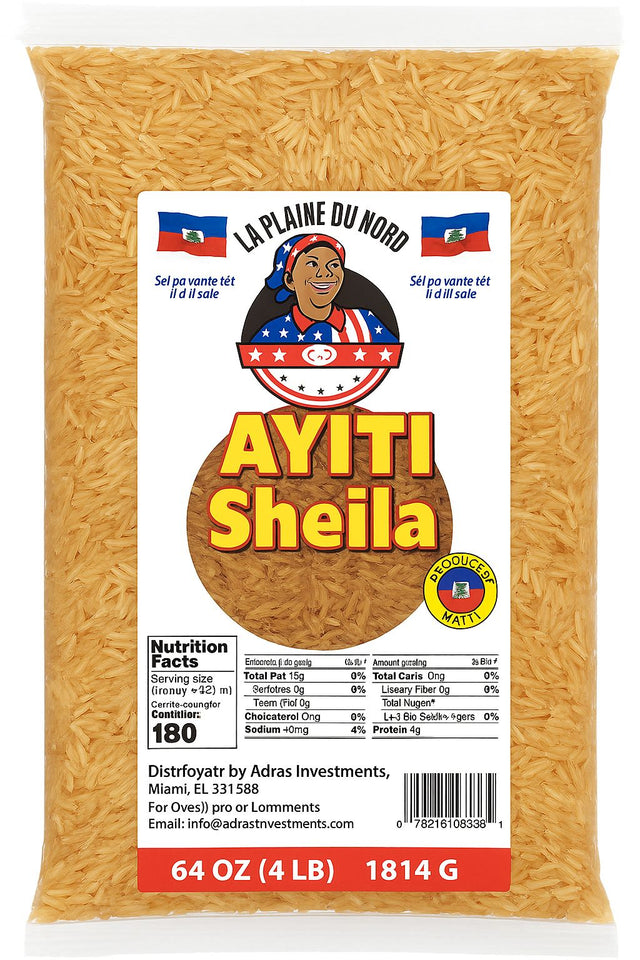 *Diri Ayiti Sheila* — yon diri natif natal *Ayisyen* ki soti *La Plaine du Nord*, e li make "Product of Haiti".